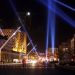 Light installation illuminating the Place des Festivals in the Quartier des spectacles at night