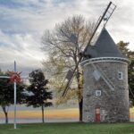 The historic stone windmill at Pointe-Claire Village on the shore of Lac Saint-Louis
