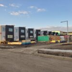 Row of newly built modern townhouses in a new Canadian neighbourhood